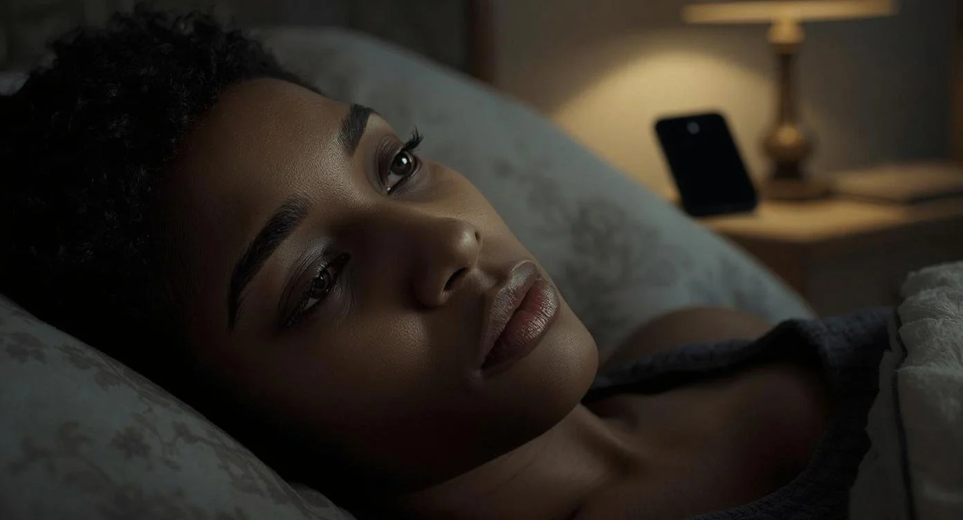 Black woman lying in her bed awake, representing overthinking at night in Illinois