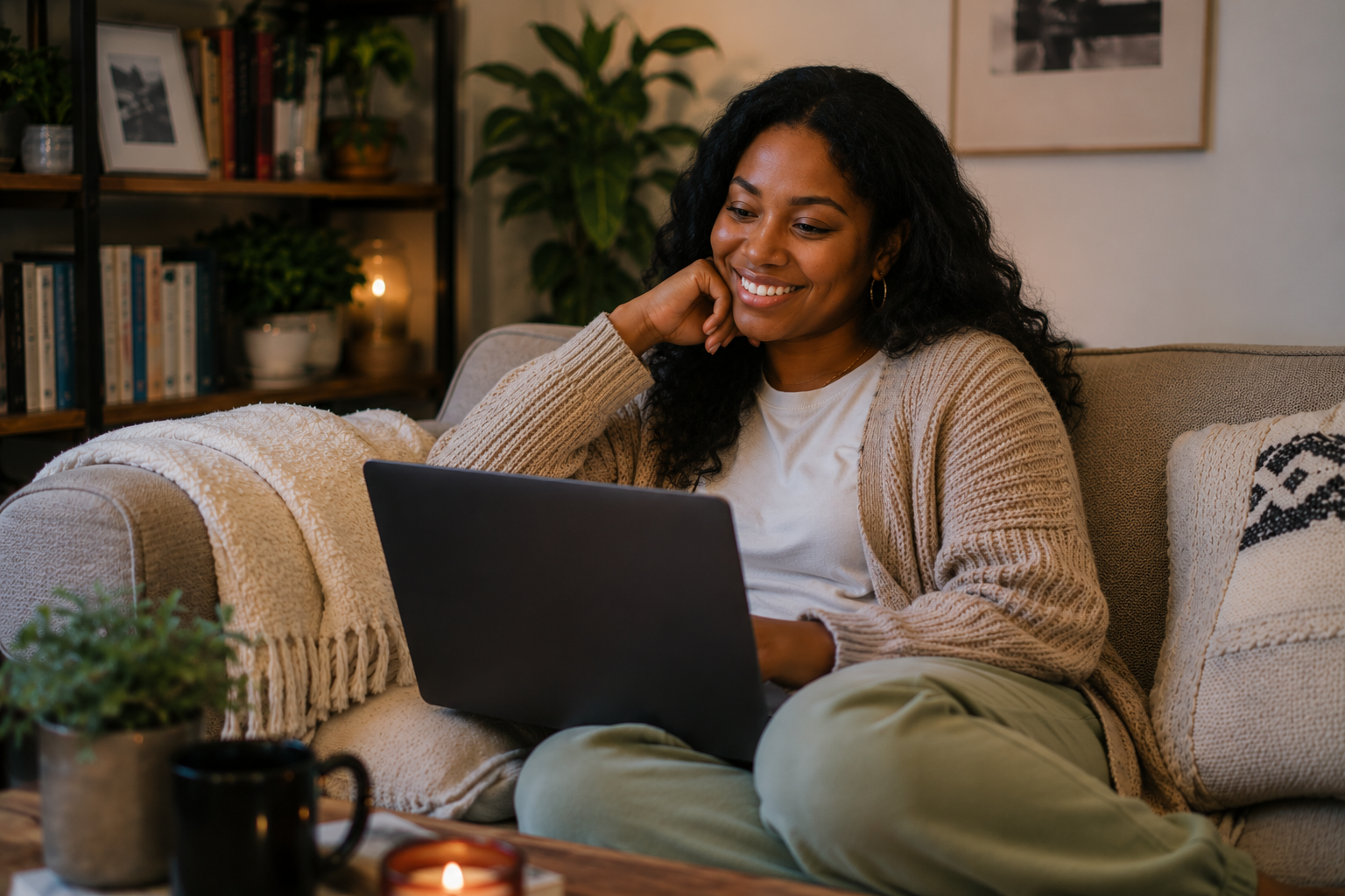 Black woman smiling during an online therapy session at home, getting support for family conflict, boundaries, and difficult family relationships in Illinois