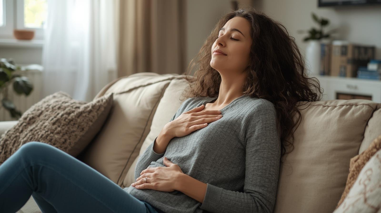 A woman sitting on a couch with her hand on her chest practicing slow breathing, representing calming the nervous system during overthinking and anxiety, with online therapy support available in Chicago and Illinois.