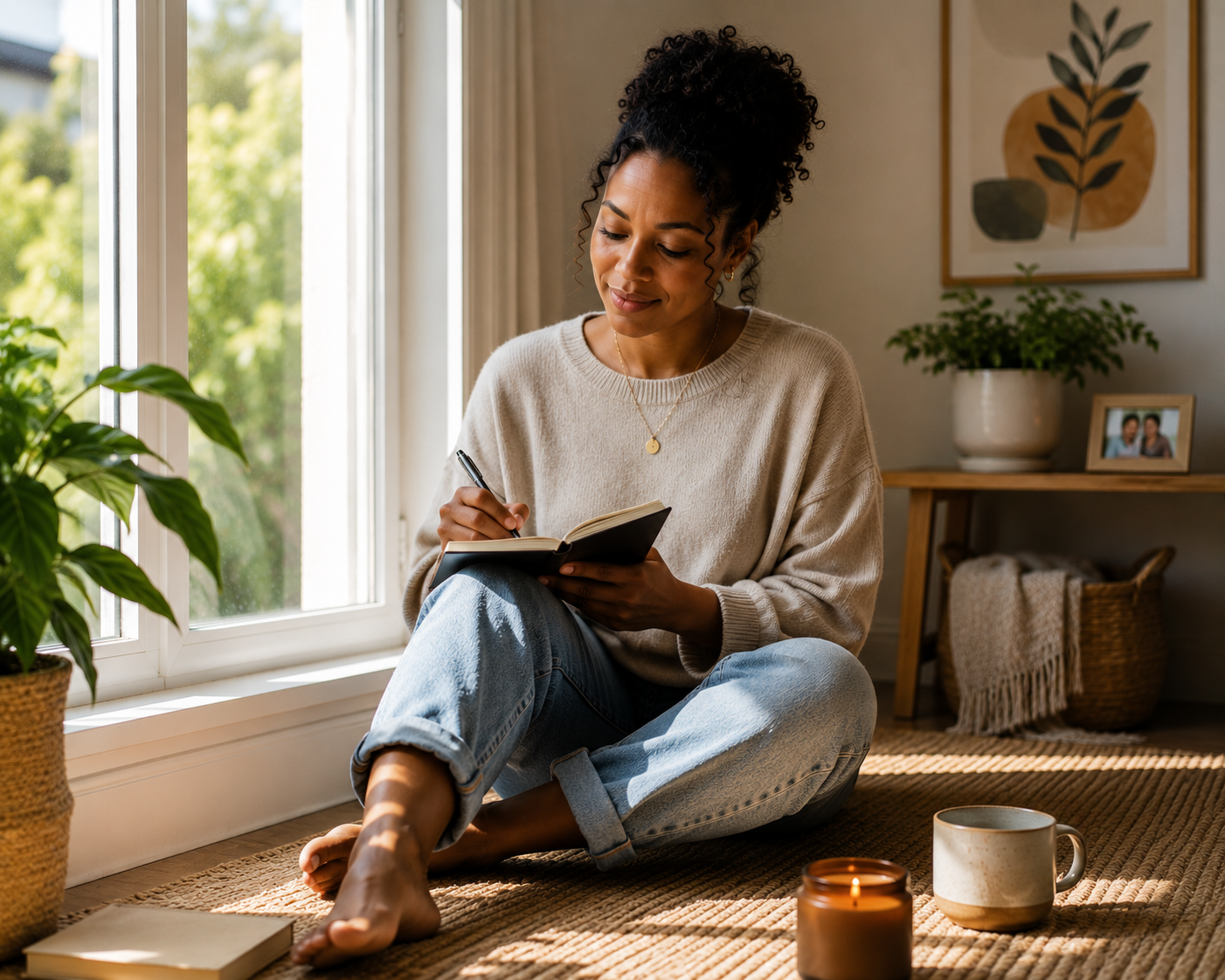 Black woman journaling at home during a moment of reflection and self-care, representing healing, emotional wellness, and support through therapy for Black women in Illinois