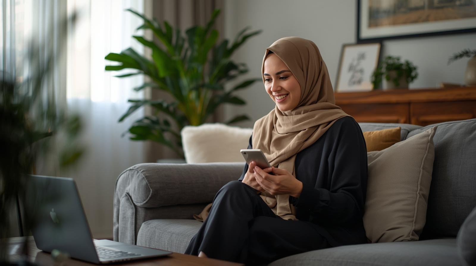 A Muslim woman wearing a hijab sits comfortably on a living room couch with a laptop, engaging in an online therapy session from home
