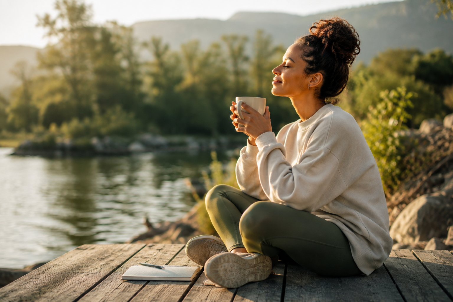 Woman sitting peacefully by a lake with a cup of tea, eyes closed and smiling in the sun, representing calm and relief from stress in Chicago