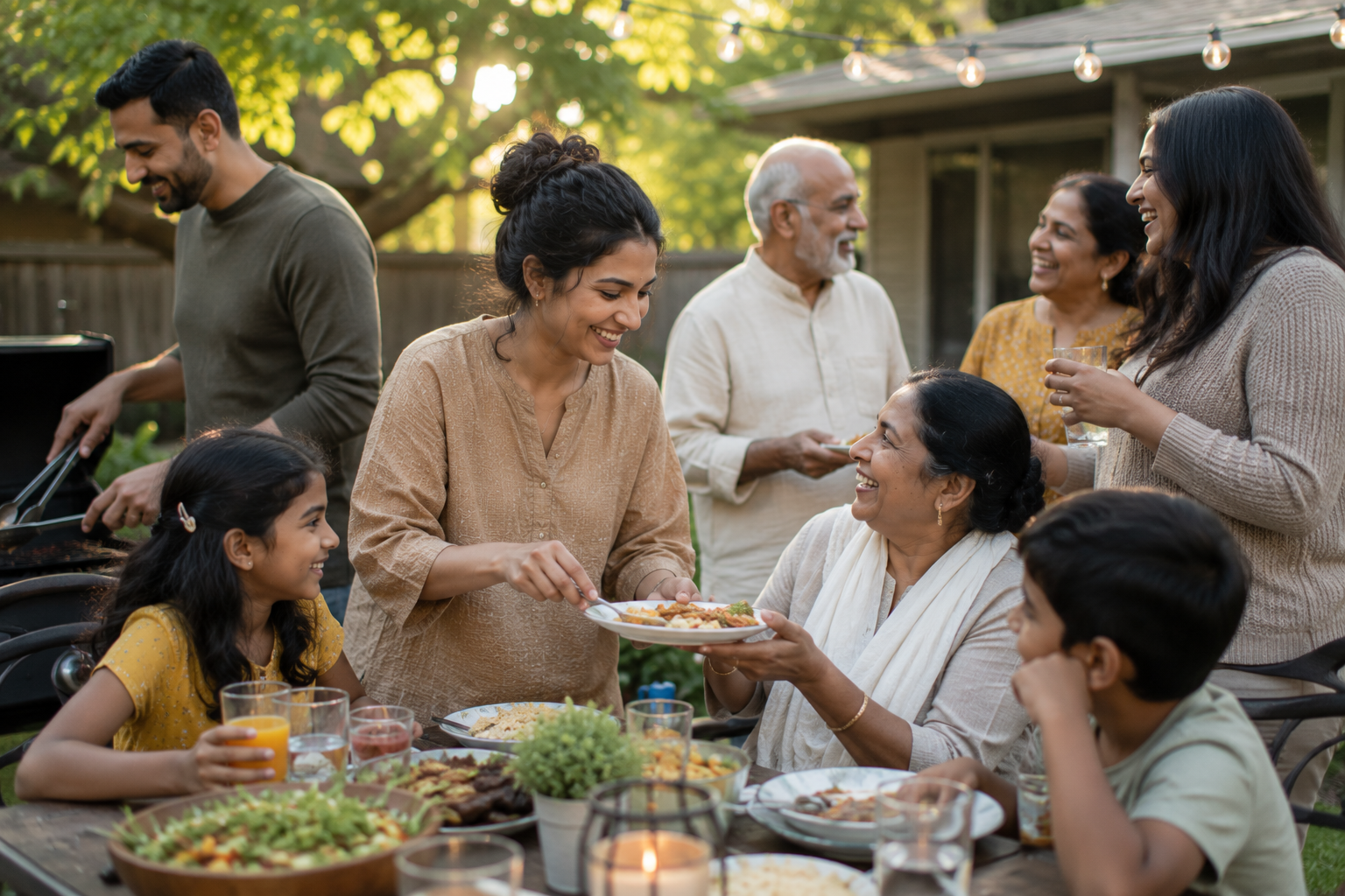 South Asian extended family enjoying a backyard gathering, reflecting connection and healthy family relationships alongside personal boundaries in Illinois