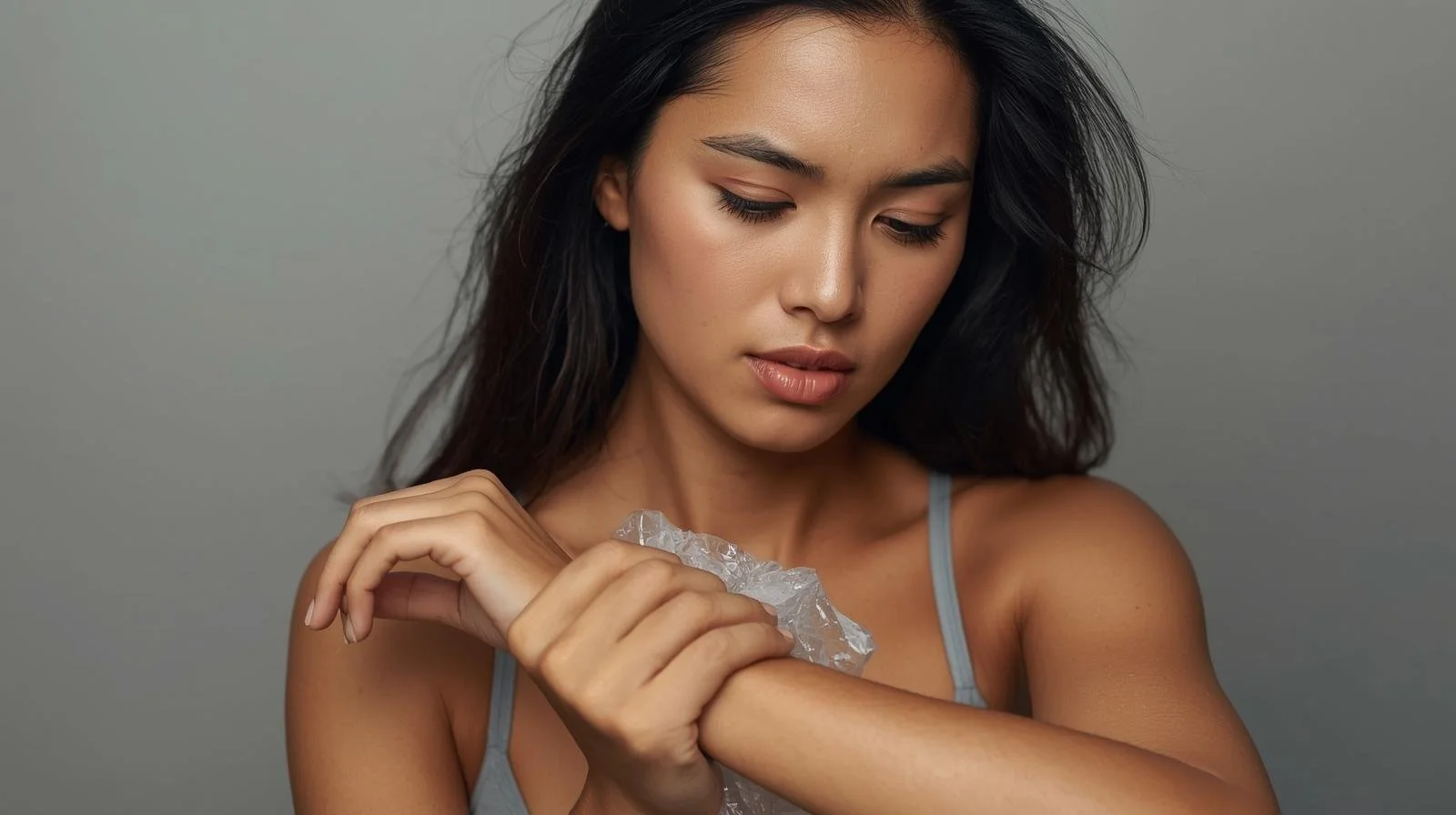 South Asian woman holding ice pack on her wrist after virtual therapy for anxiety in Illinois