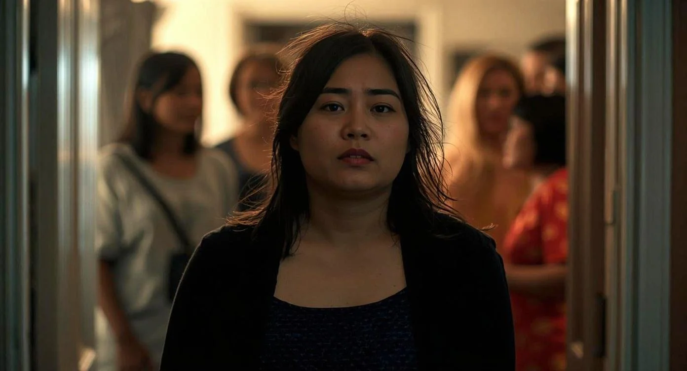 A woman standing slightly apart from her family at a gathering, looking thoughtful and distant, representing the emotional experience of feeling like the black sheep in the family.