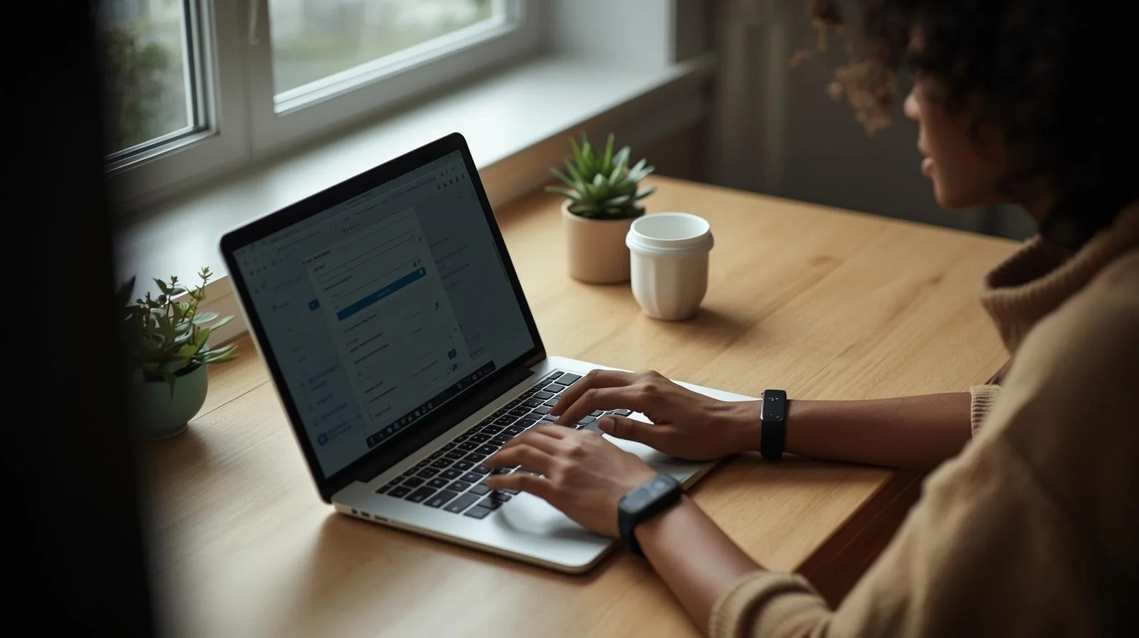 A black woman completing an online therapy appointment request on a laptop in a calm, private space