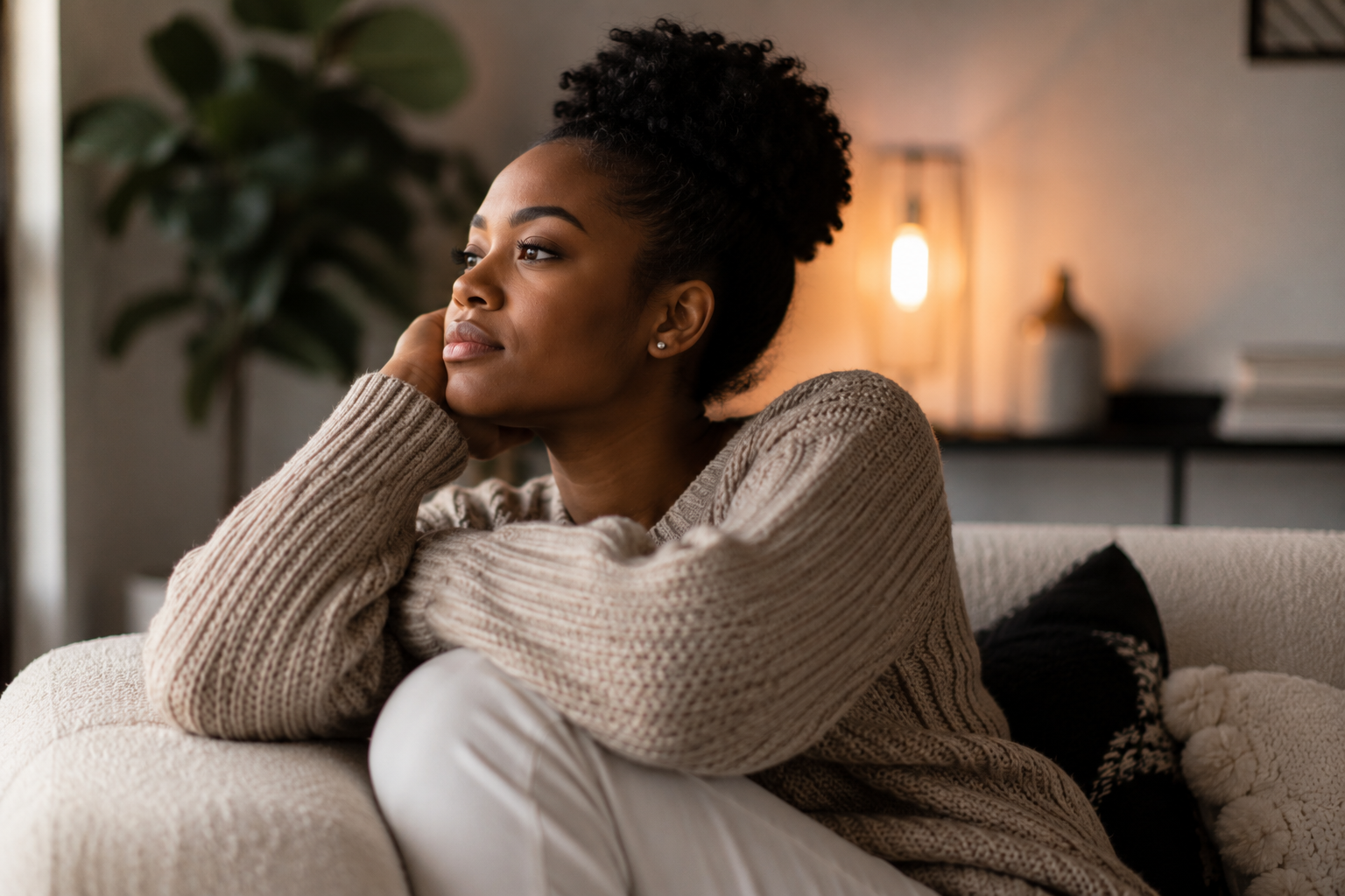 Black woman resting thoughtfully at home, reflecting the emotional exhaustion and pressure of burnout in Illinois