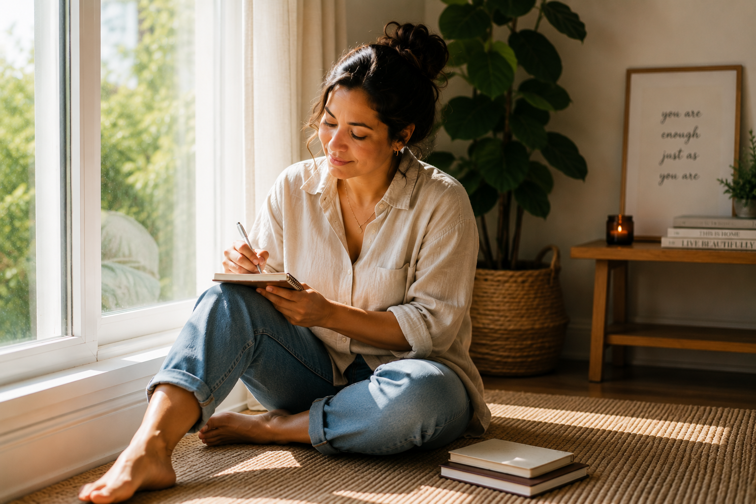 Latina mother taking a quiet moment for self-reflection and journaling while coping with stress and overwhelm.