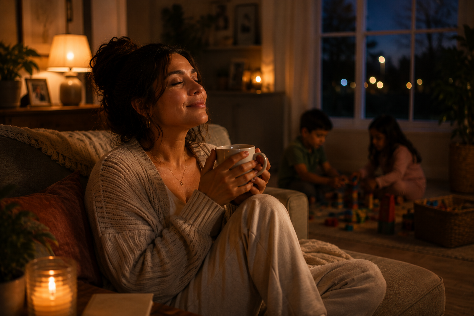 Latina mother taking a peaceful evening moment with a warm cup of tea while her children play behind her, representing learning to relax, nervous system healing, and rediscovering joy after chronic stress.