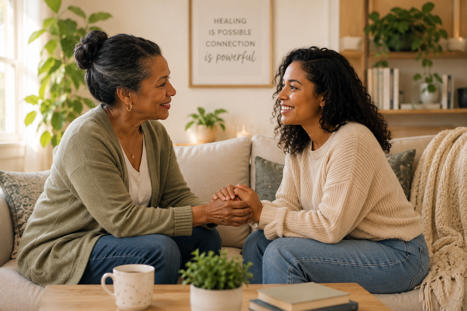 Mother and adult daughter smiling and connecting at home, representing healthier family relationships, communication, and boundaries through therapy in Chicago and Illinois
