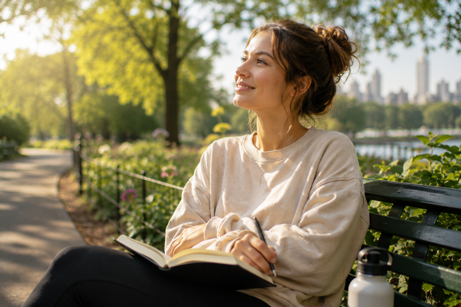 Woman journaling peacefully in a Chicago park, finding space for herself while working through family boundaries and guilt in Chicago, Illinois