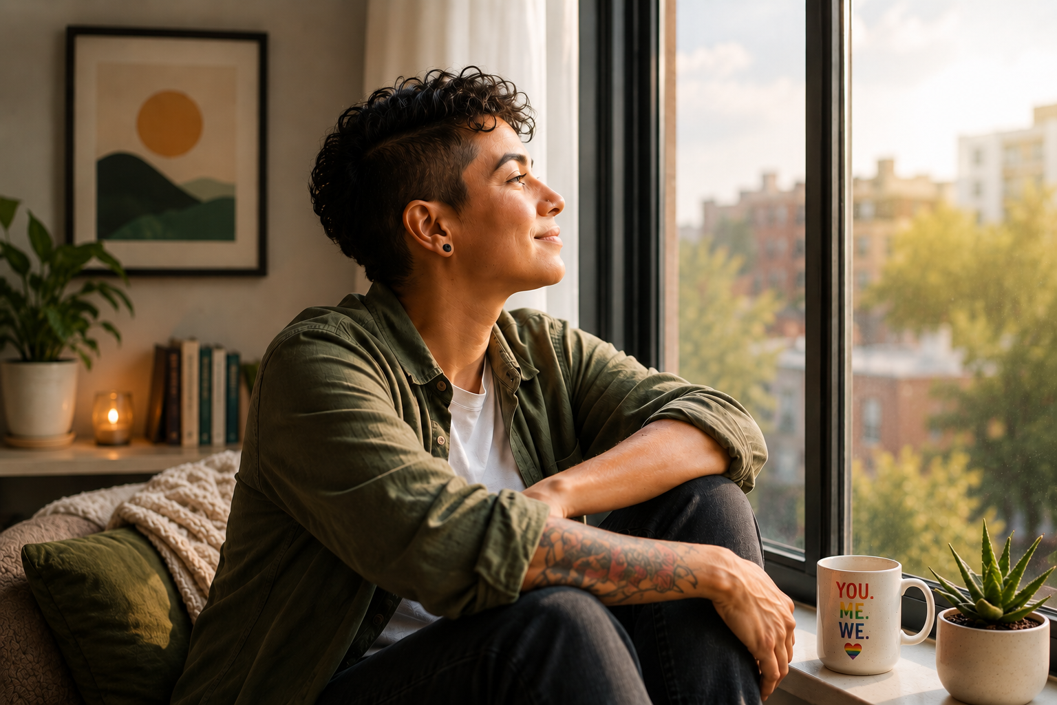 Person sitting peacefully by a window, looking outside in a quiet moment of reflection and calm after feeling emotionally overwhelmed.