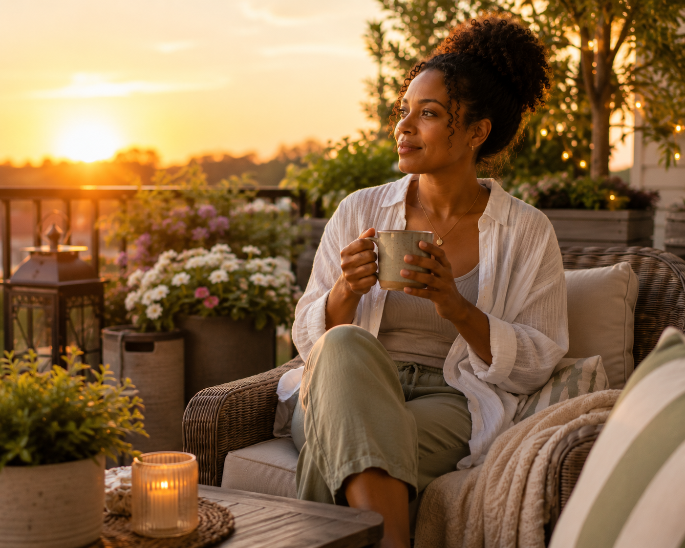 Black mother enjoying a peaceful moment on her patio at sunrise after managing the stress and mental load of motherhood in Illinois