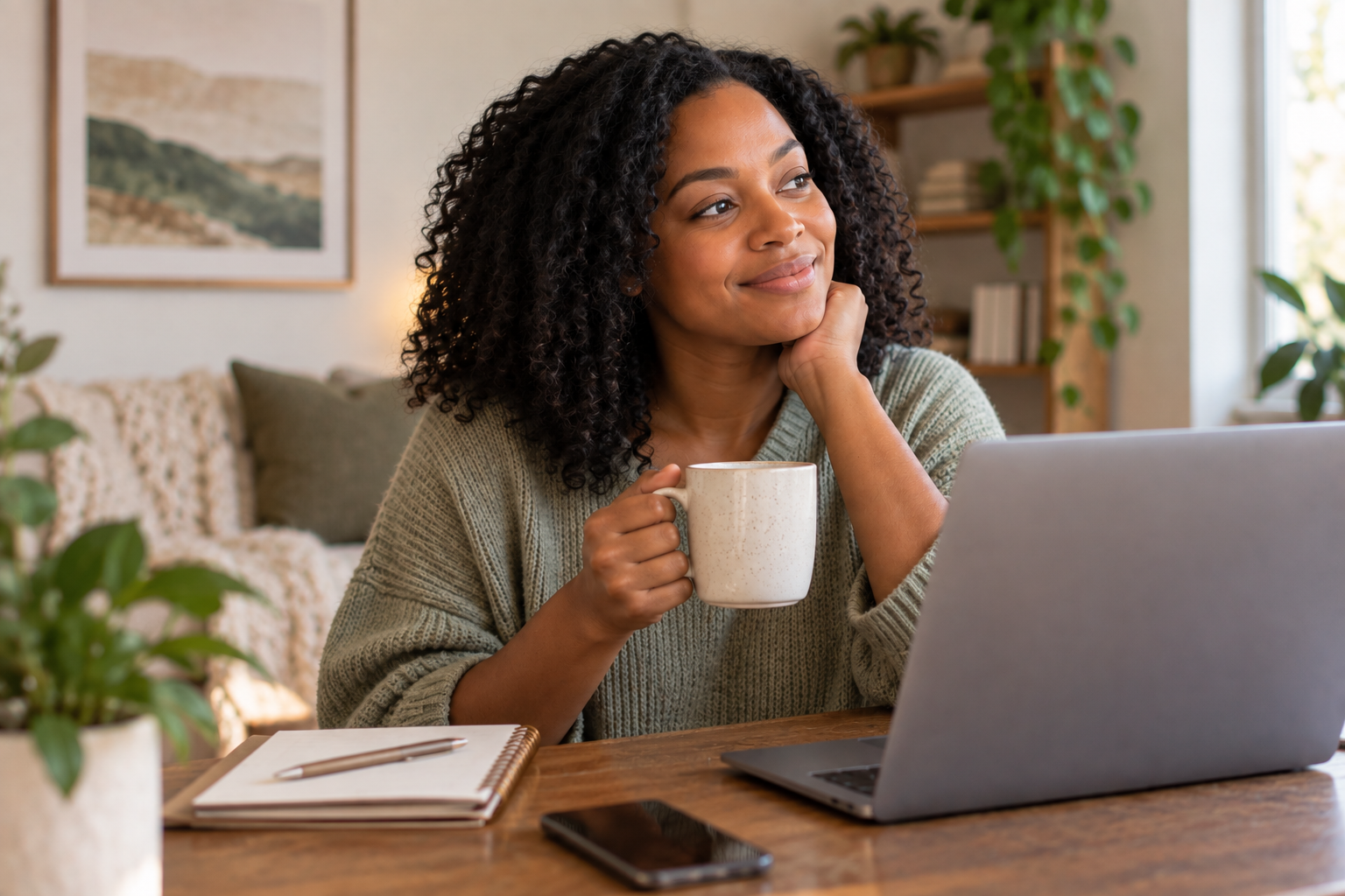 Black woman sitting at home with a laptop, representing the process of exploring therapy costs and online therapy options in Illinois.