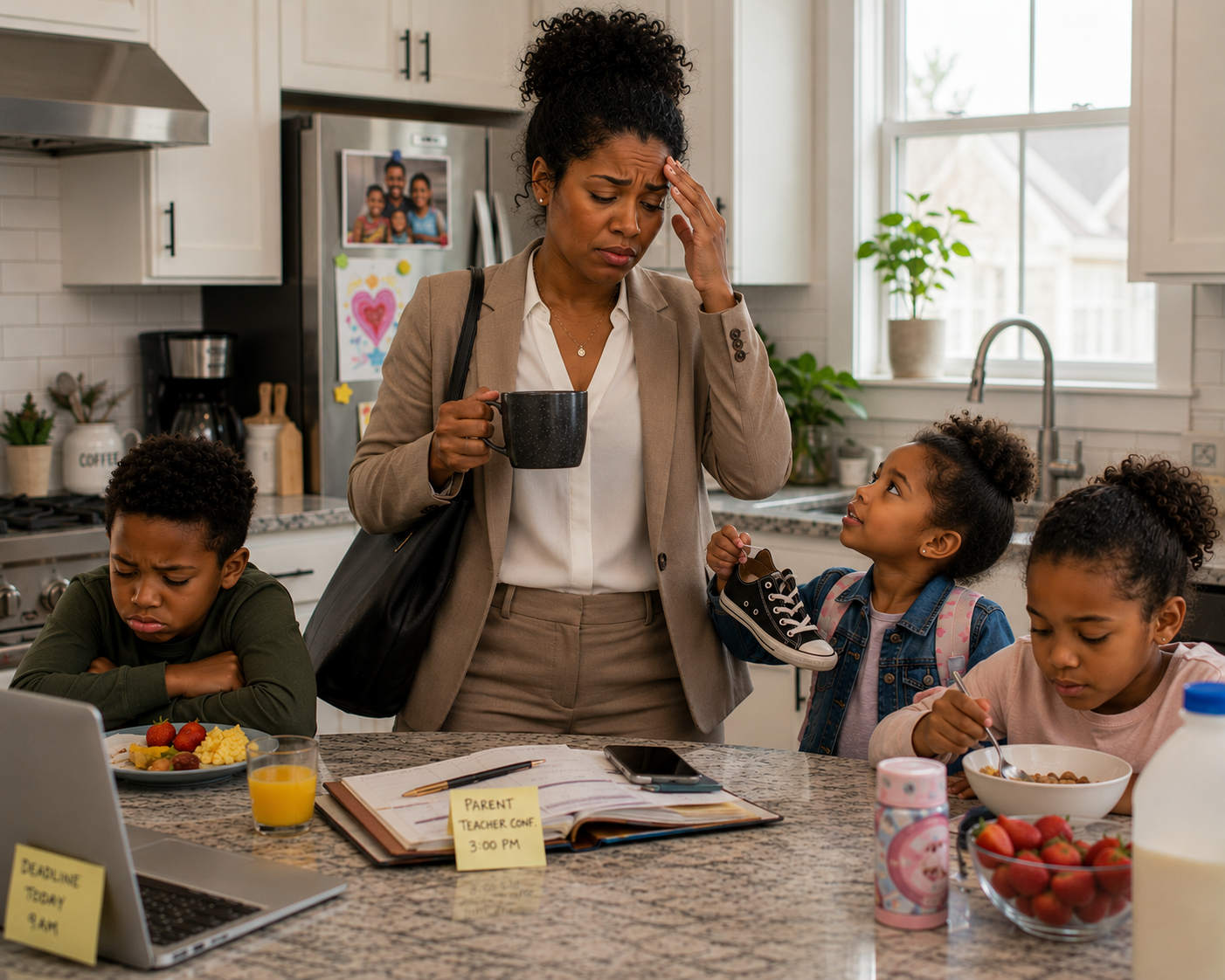 Overwhelmed working mother in Illinois managing the morning rush with her children while balancing family responsibilities, work demands, and the mental load of motherhood