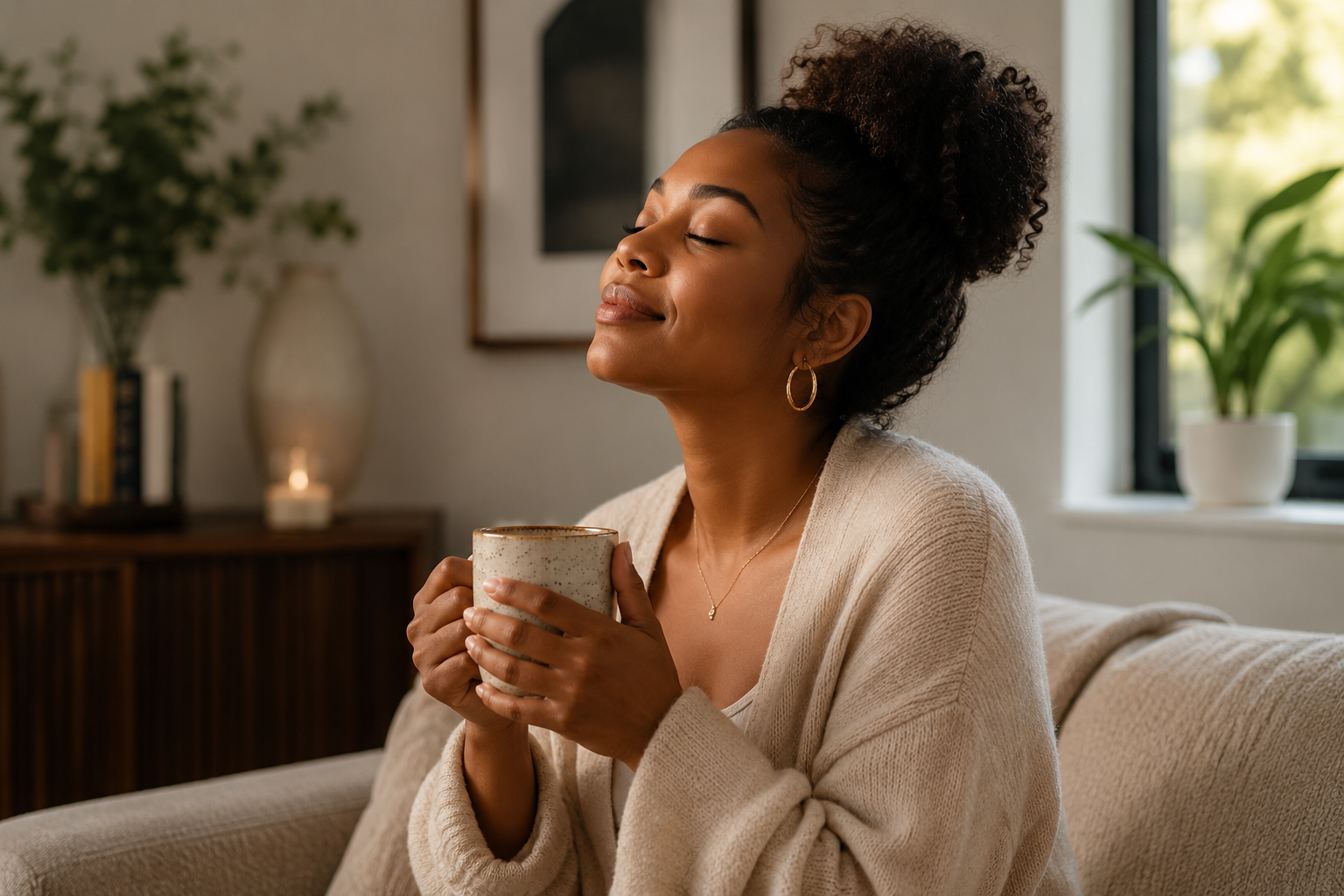 Black woman relaxing at home with a warm drink, representing calm and relief from burnout and chronic stress through therapy in Chicago and Illinois