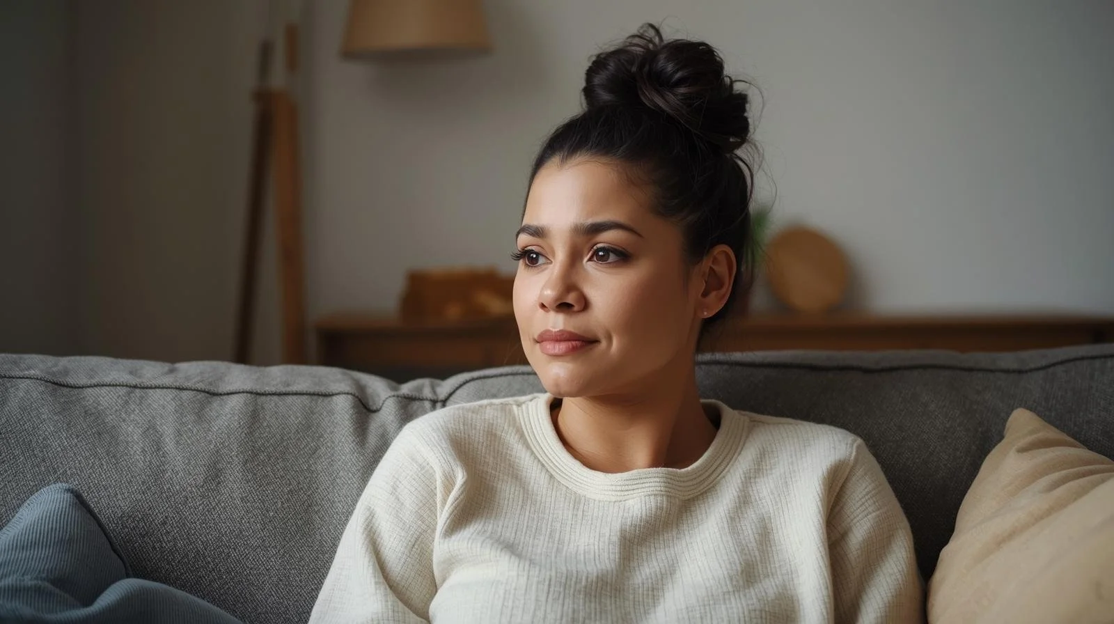 Woman looking stressed before virtual therapy for family stress in Illinois