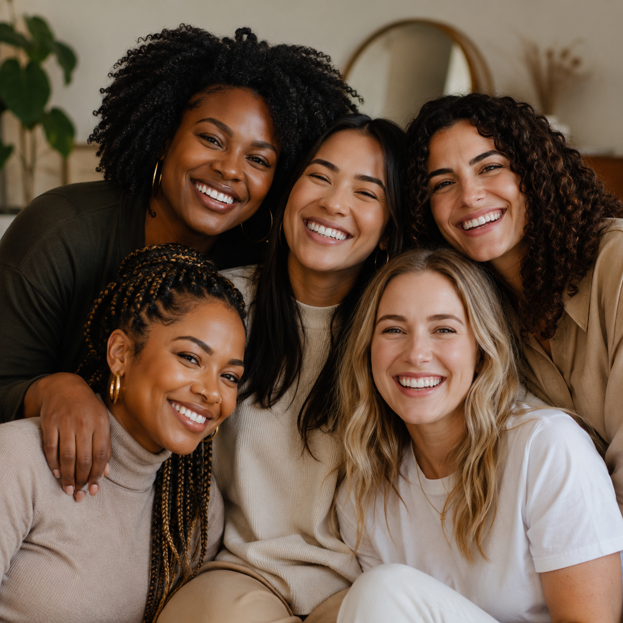 Diverse women smiling together in a warm and welcoming setting, representing connection, emotional well-being, personal growth, and support through therapy in Illinois
