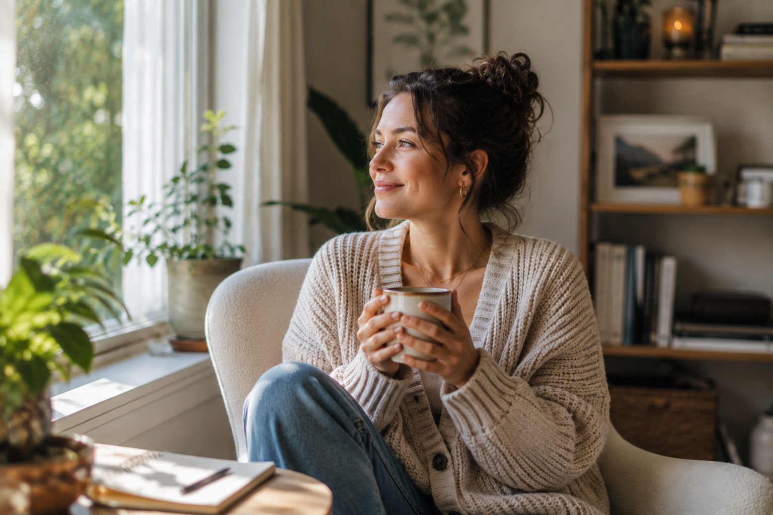 White woman relaxing at home in Chicago and reflecting on family relationships, boundaries, and becoming more comfortable being herself