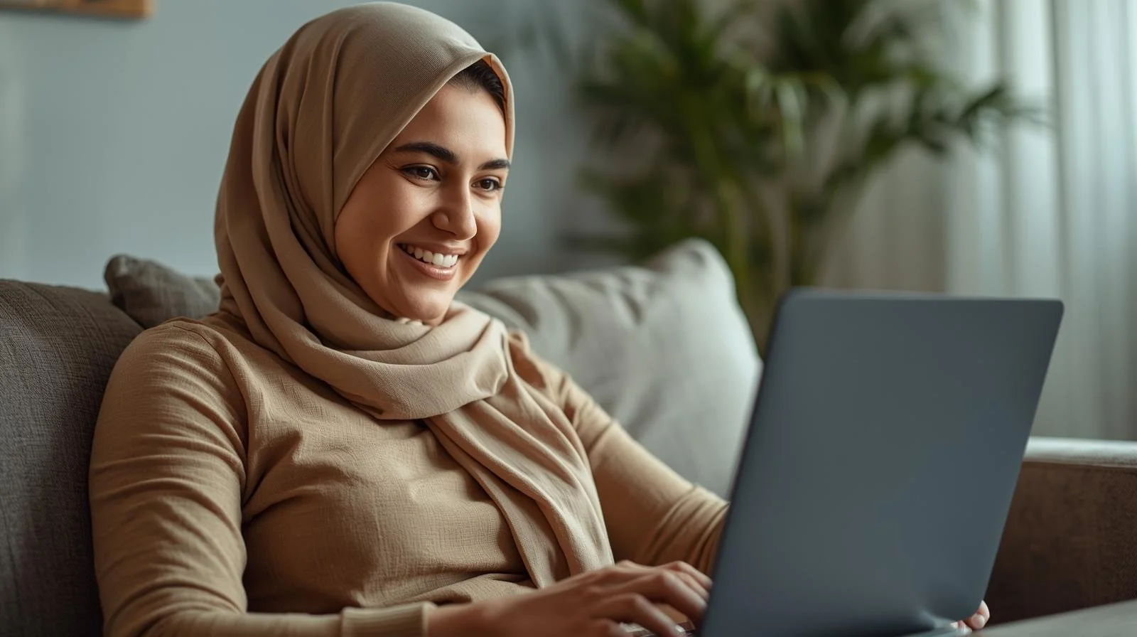 Woman wearing a hijab smiling at a laptop during an online therapy session, representing supportive mental health care for stress and burnout in Chicago and Illinois.