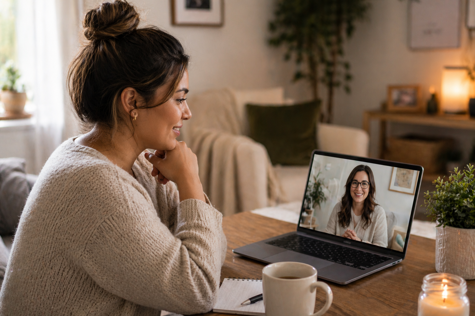 Mother sitting comfortably during an online therapy session, relaxed posture, soft smile, warm lighting, cozy home environment, laptop open, feeling supported and safe in Illinois