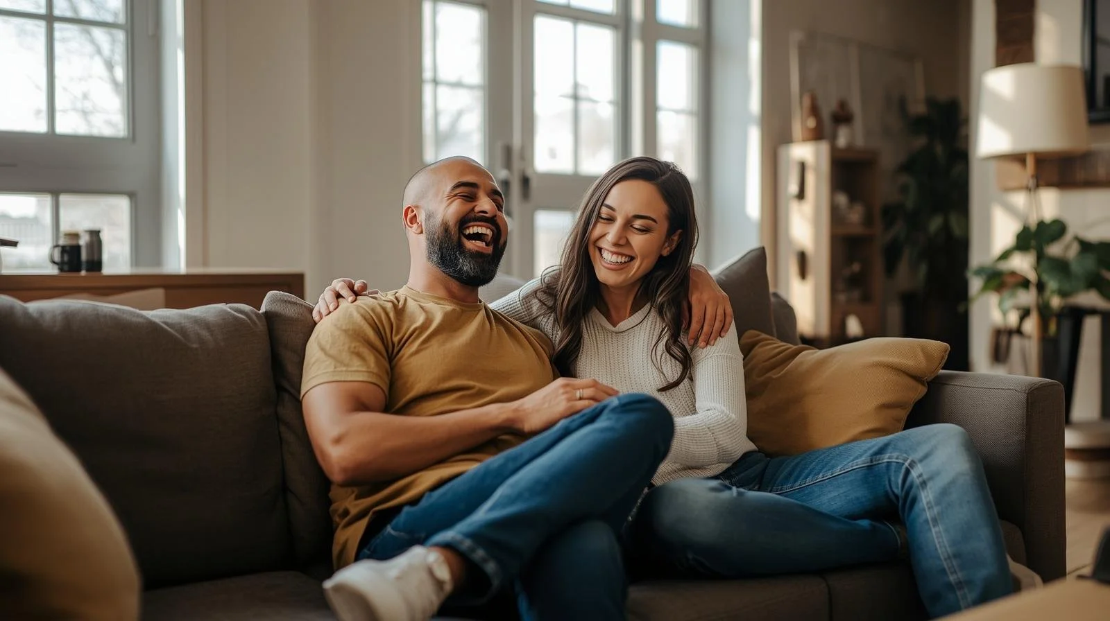 Couple sitting on couch at home laughing after virtual therapy for couples in Oak Park, Illinois