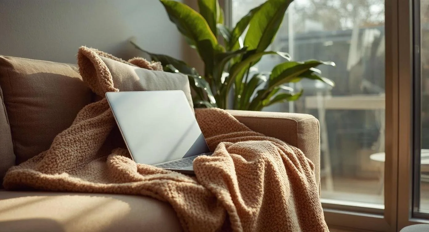 Laptop sitting on a blanket on a couch, representing virtual therapy in Illinois