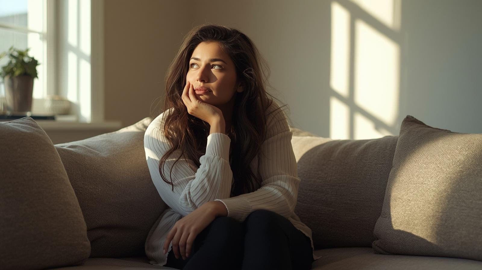 Woman sitting on her couch looking thoughtful, representing overthinking and anxiety before starting virtual therapy in Illinois