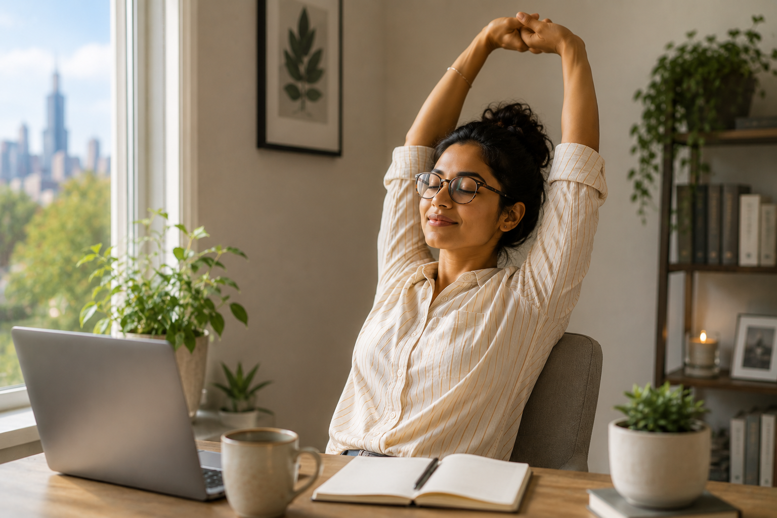 South Asian woman taking a mindful stretch at her desk in Chicago, creating space to recover from work stress and burnout