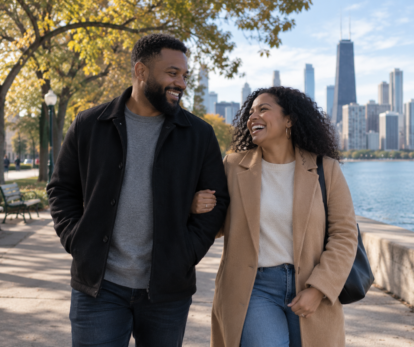 Couple walking and laughing together in a Chicago park, representing connection and mental health support through therapy in Illinois.