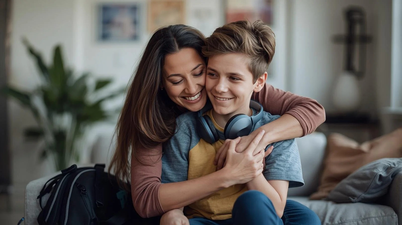 Mother and teenage son hugging at home, representing connection after virtual therapy for overwhelmed moms in Chicago