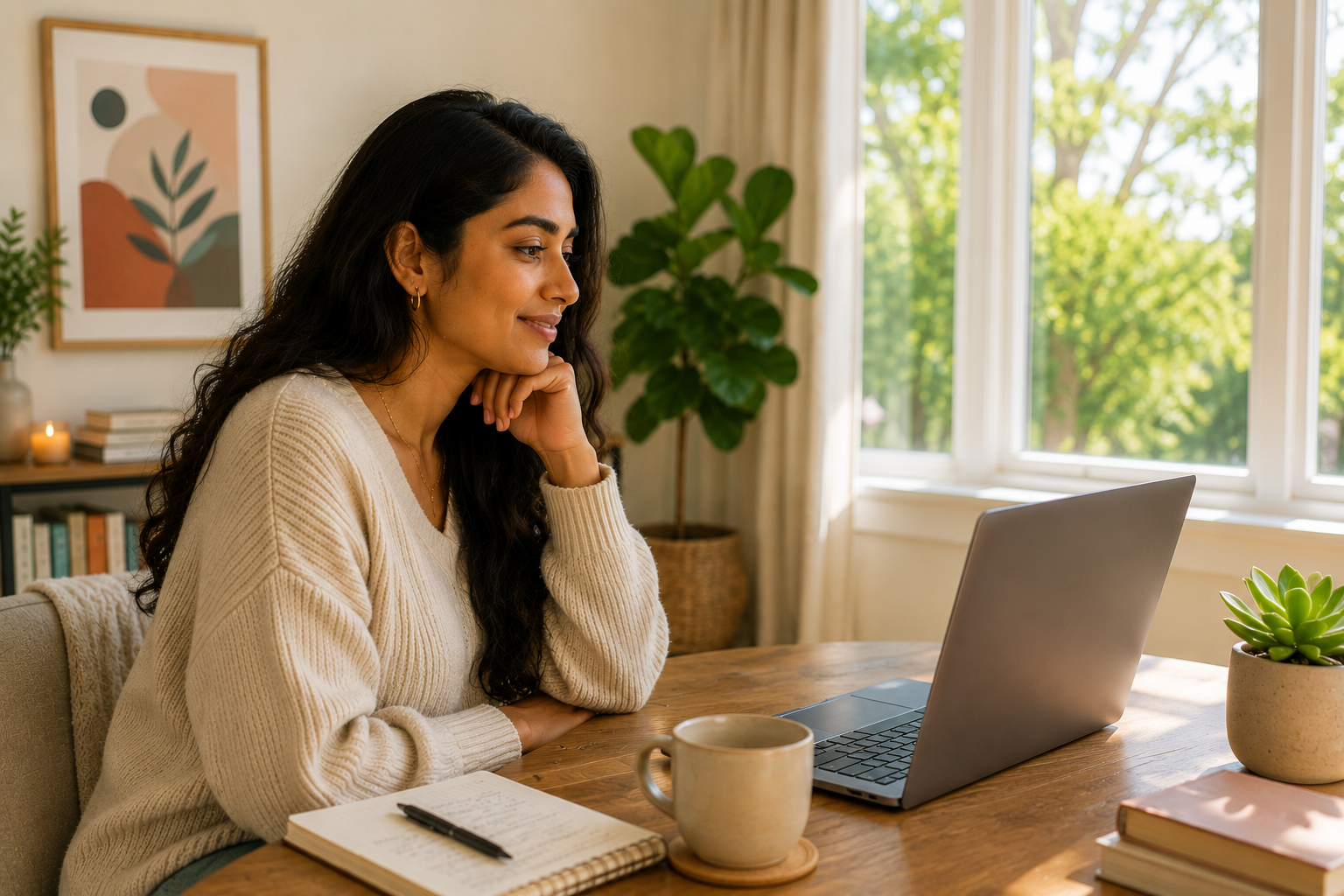 South Asian woman smiling during an online therapy session from home, representing finding calm, healing from chronic stress, and learning to relax through virtual therapy in Illinois.