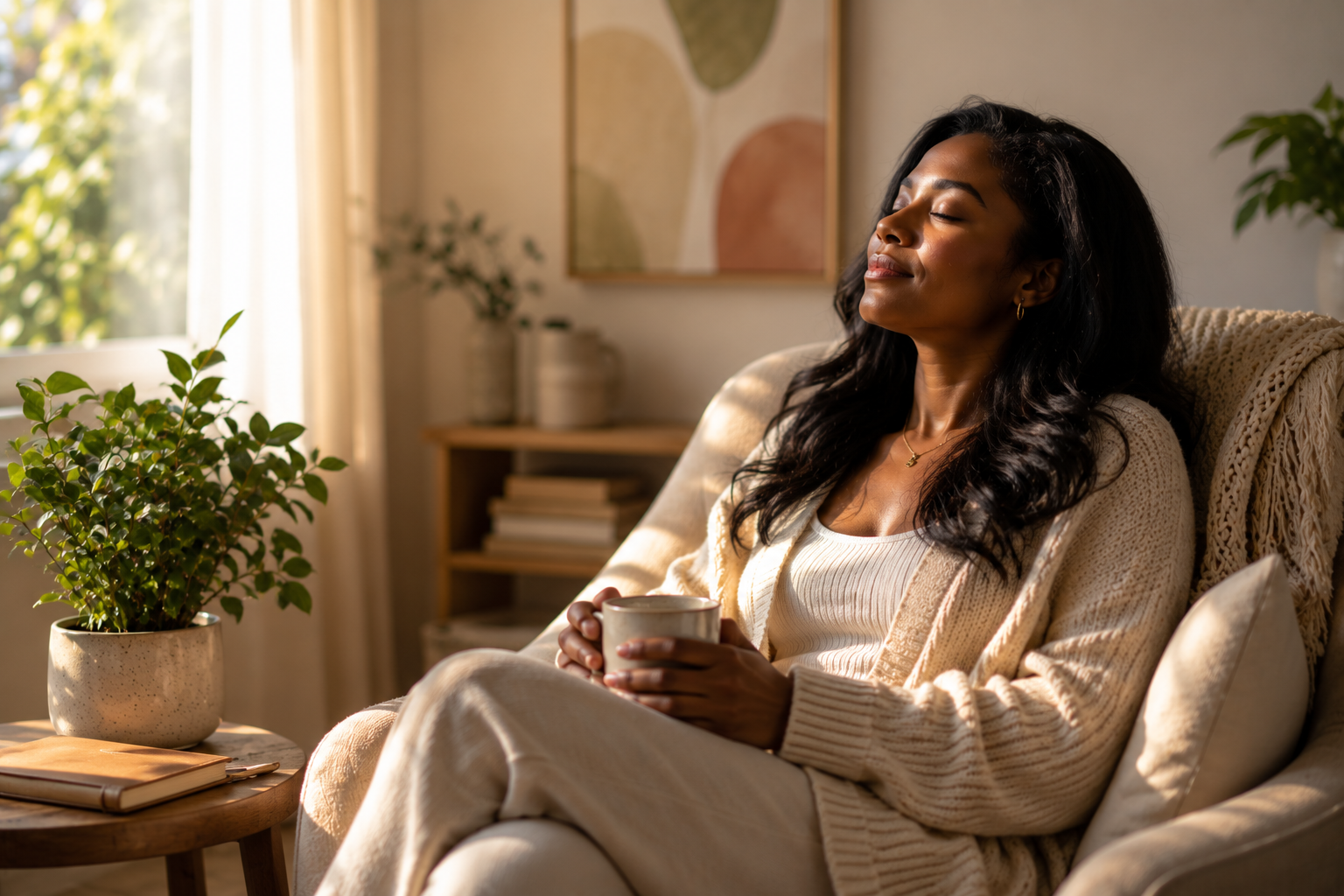 Black woman sitting quietly with a warm drink in a sunlit living room, reflecting a moment of calm after feeling emotionally overwhelmed in Chicago