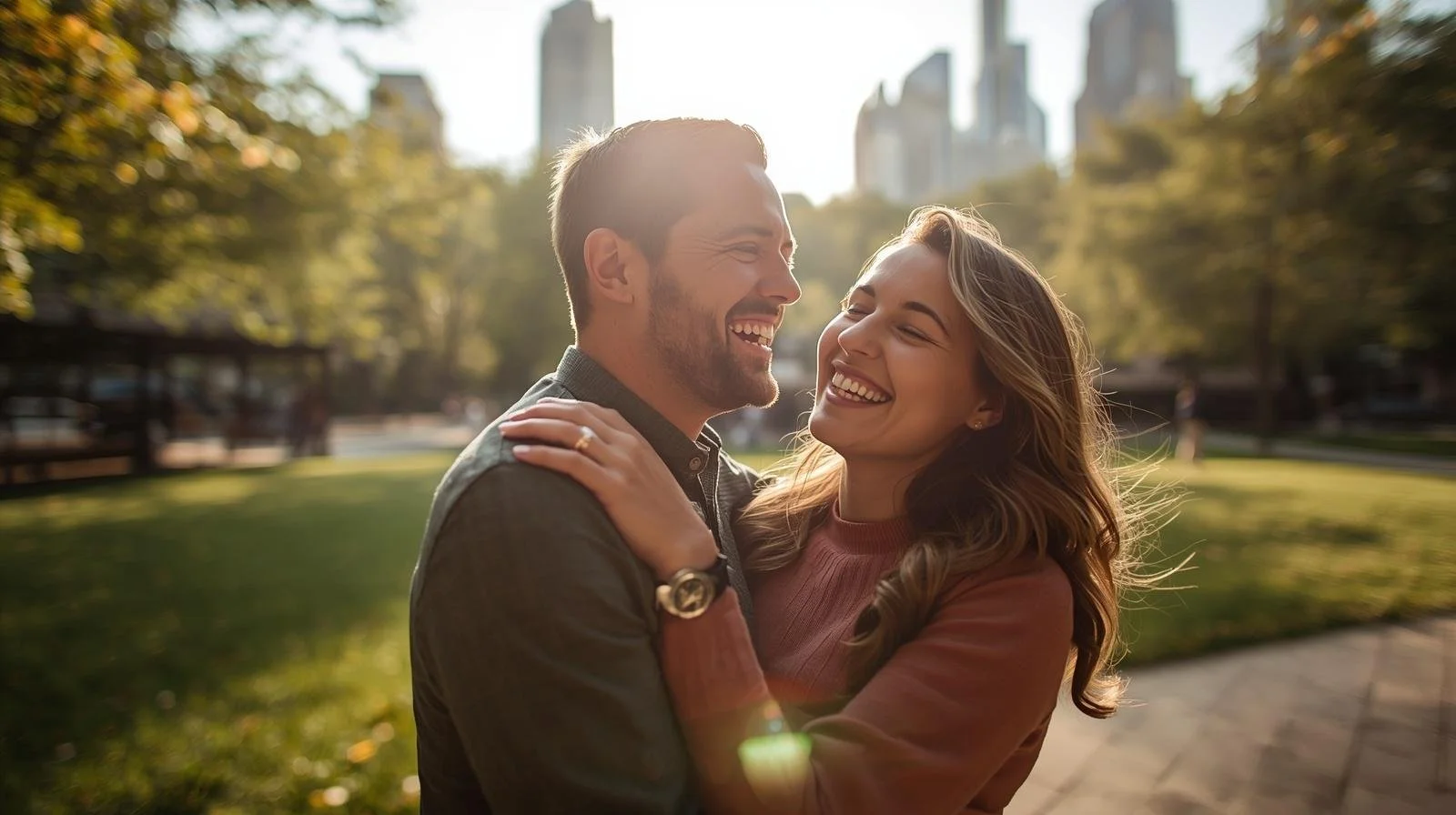 Couple laughing in a Chicago park after virtual therapy for people pleasing in Illinois