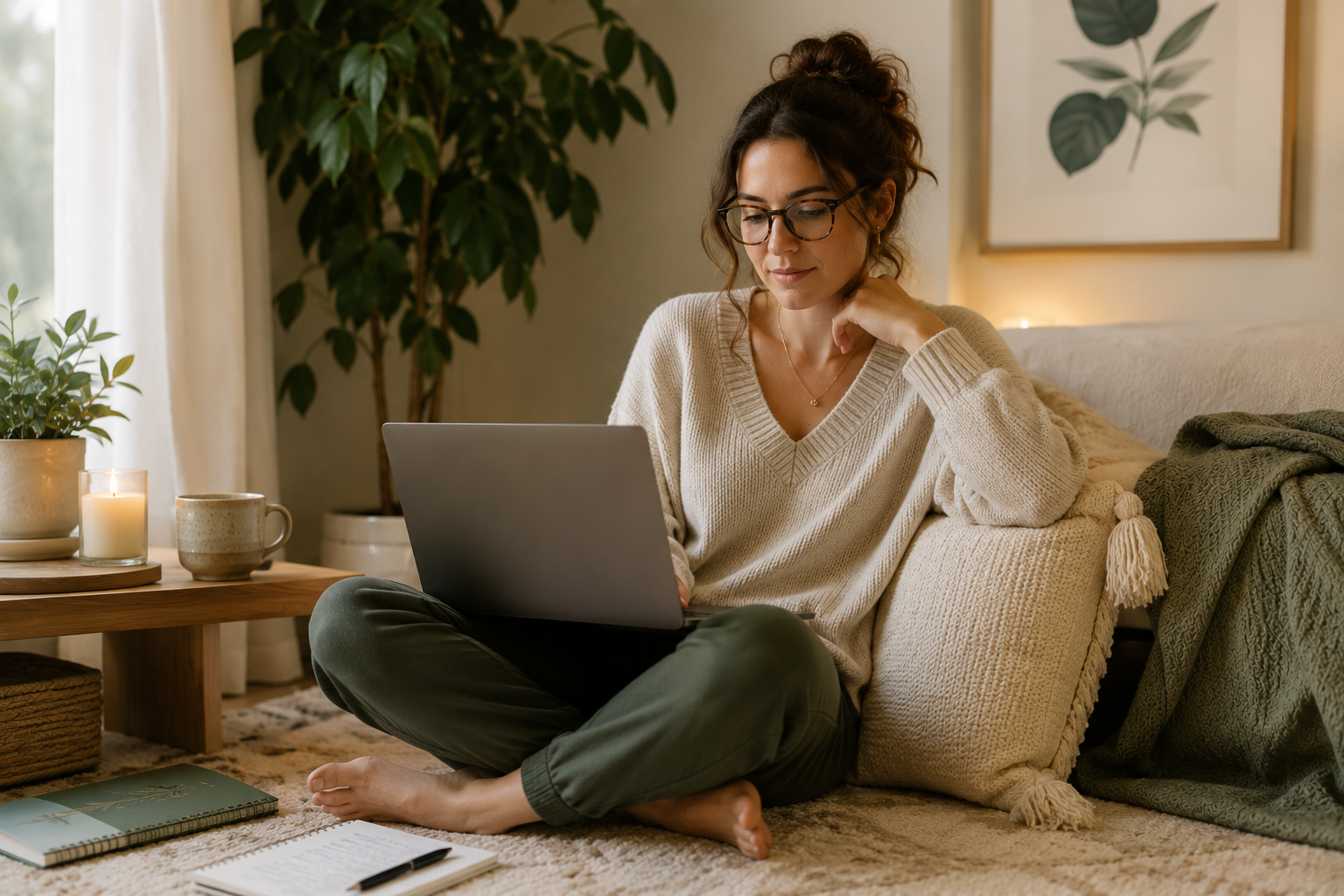 A woman with brunette hair and glasses sits comfortably on the floor of her home during an online therapy session, leaning against a cozy pillow while speaking with her therapist on a laptop.