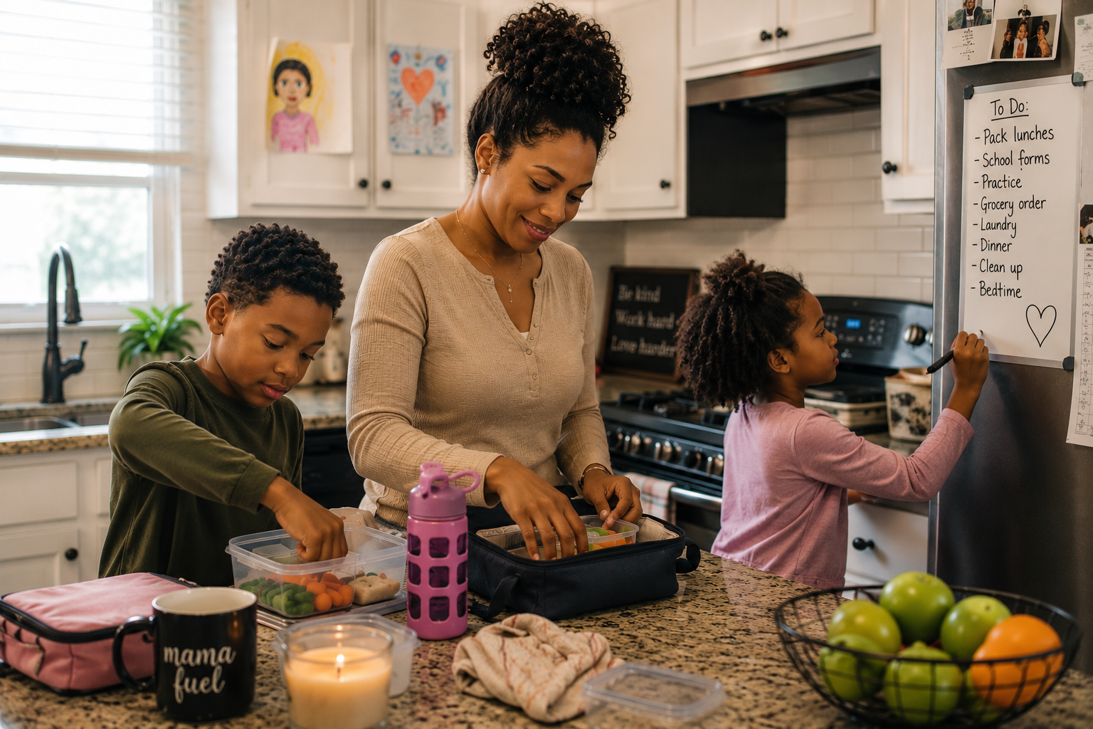 Black mother preparing lunches with her children in the kitchen, reflecting the everyday care, responsibilities, and mental load of motherhood.