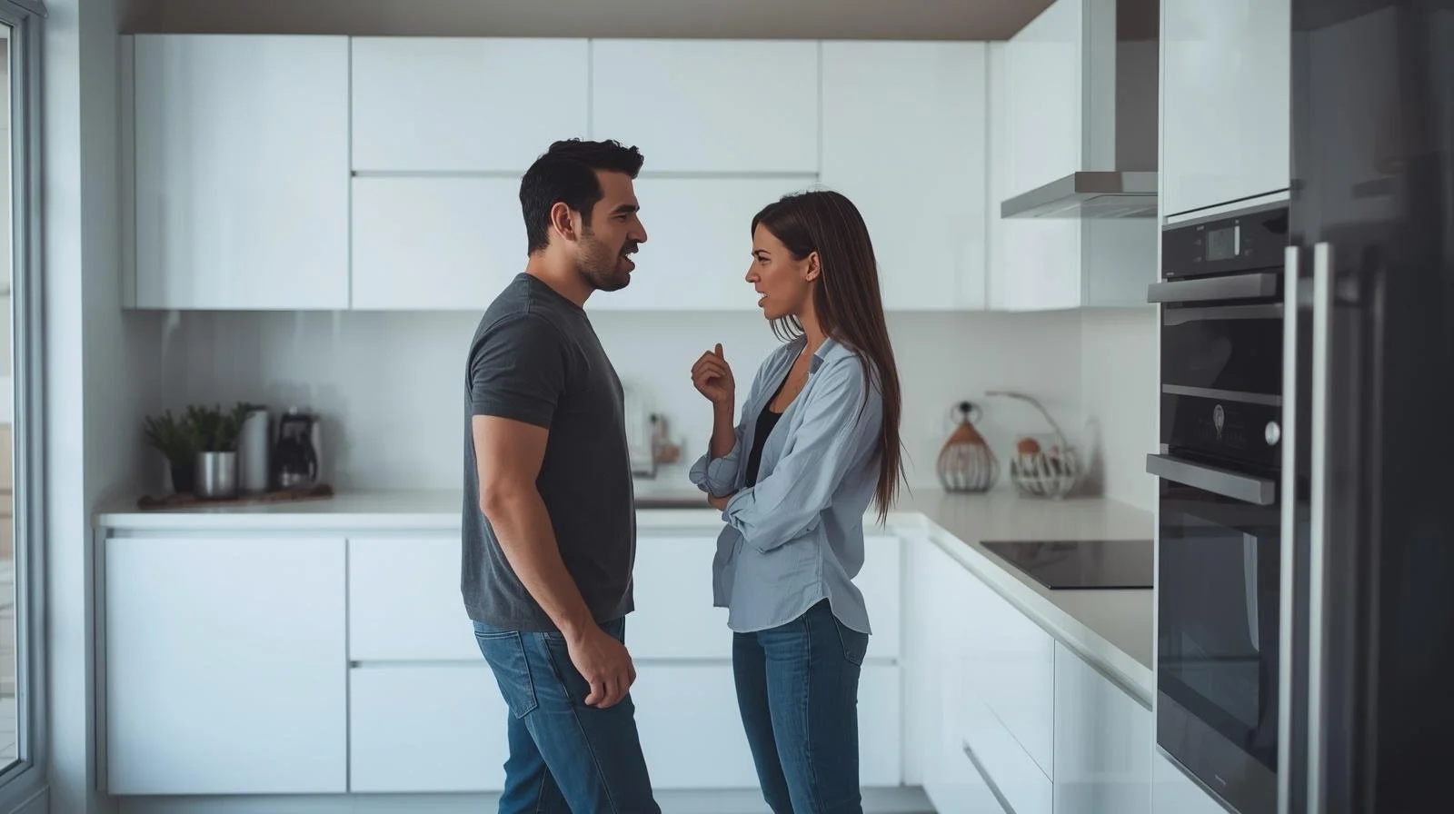 couple arguing in kitchen showing repeated conflict and communication issues in relationships