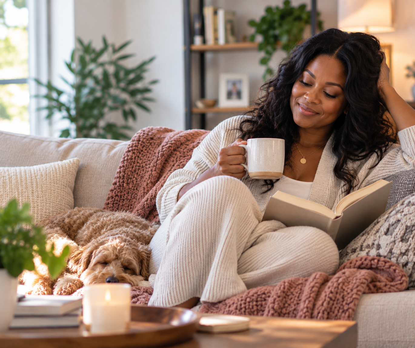 Black woman relaxing on a cozy sofa with a book and warm drink while her dog rests beside her.