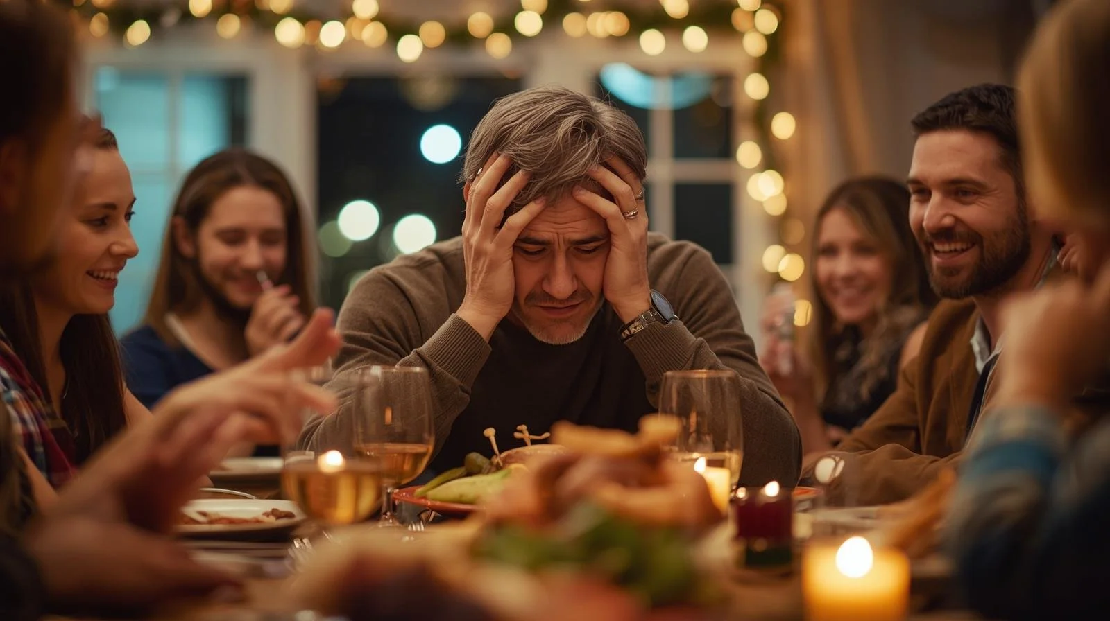 Man sitting at a holiday dinner table looking overwhelmed while family members talk in the background, showing signs of holiday burnout.