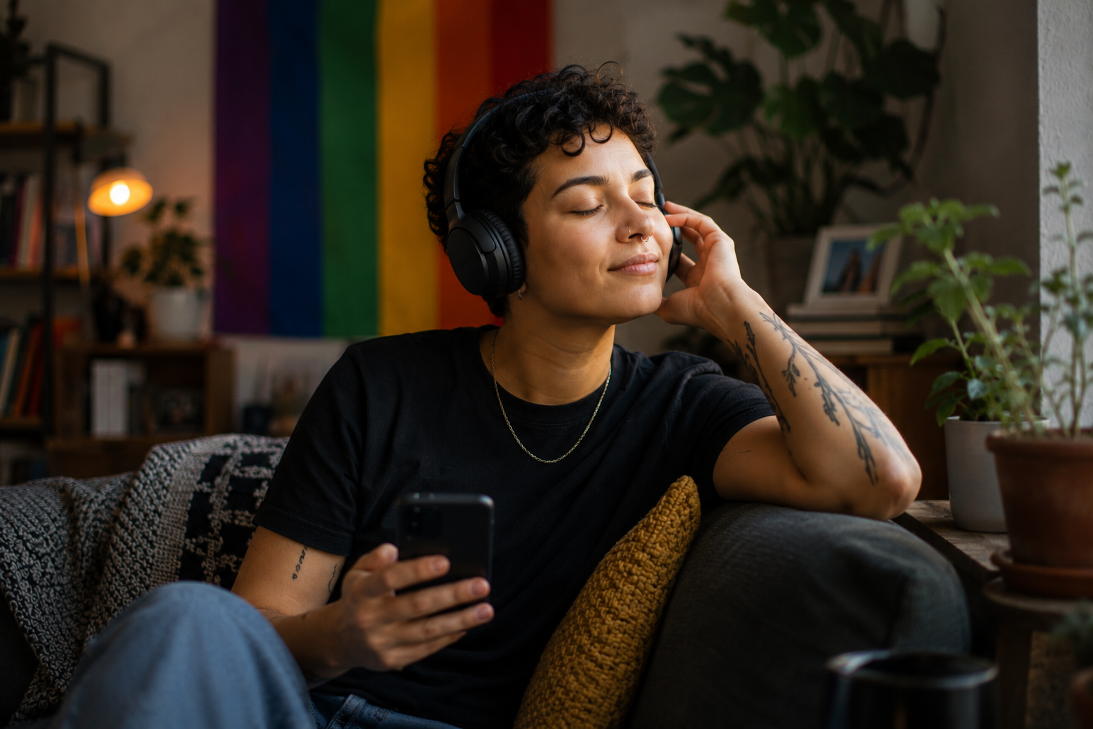 LGBTQIA+ neurodivergent adult relaxing at home with headphones, taking time to decompress and feel comfortable being themselves in Illinois