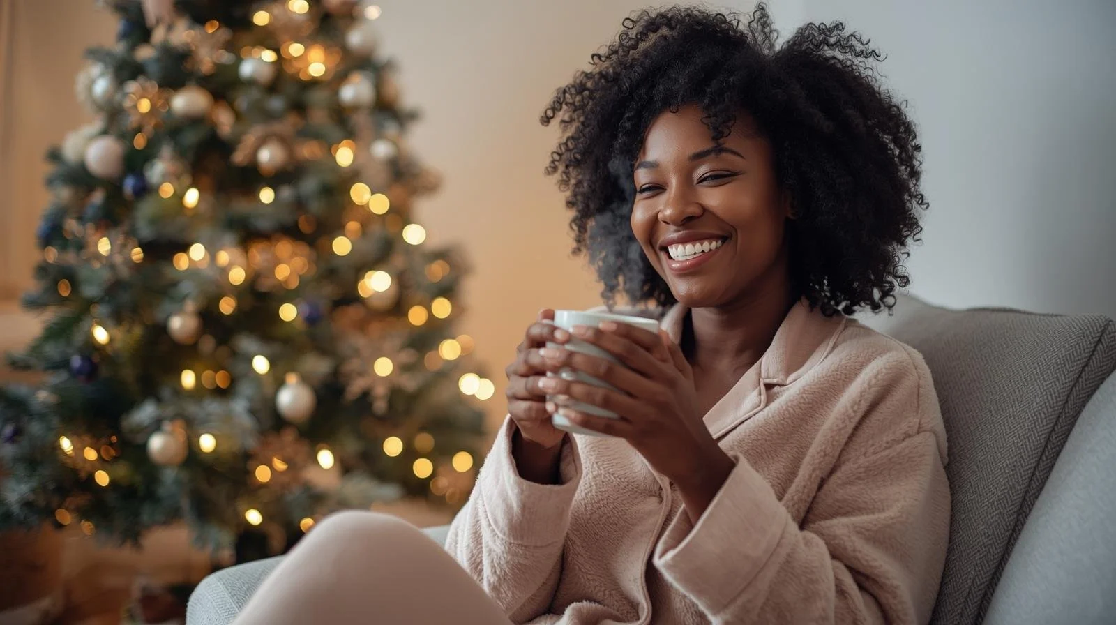 Woman in cozy pajamas holding a mug and sitting by a holiday tree, practicing rest and self-care to recover from holiday burnout in Chicago.