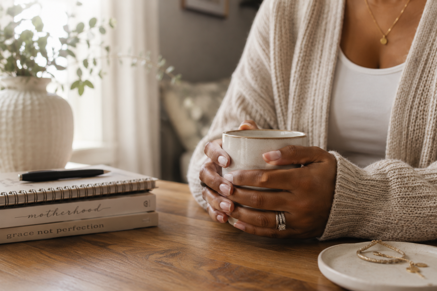 Overwhelmed mom taking a quiet moment with coffee, representing online therapy for mom burnout, anxiety, emotional exhaustion, and the mental load of motherhood in Illinois