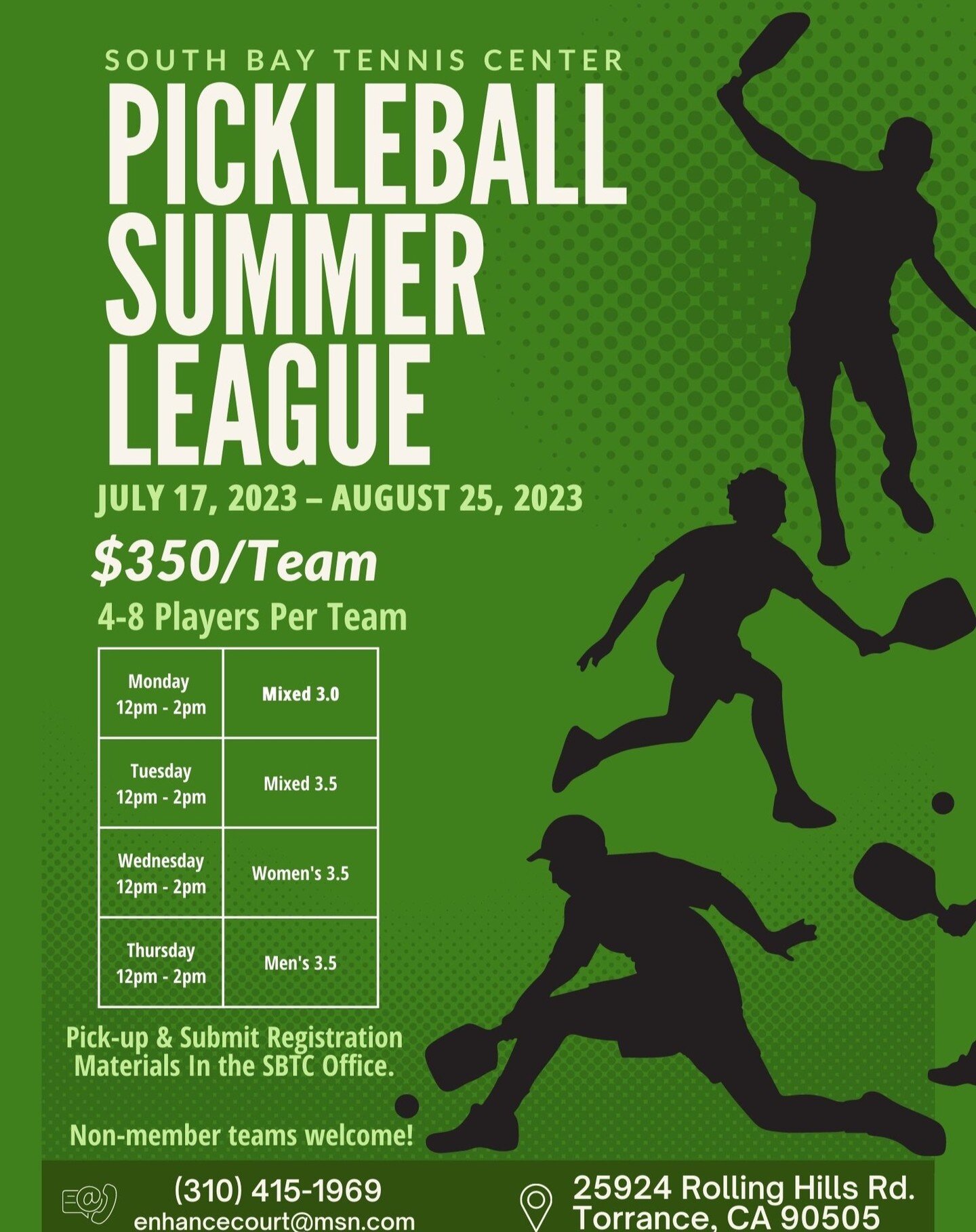 Join the ultimate summer adult pickleball league at South Bay Tennis Center! 🏓🌞

📆 6-week league starting on July 17
⏰ Games played Monday through Thursday, 12-2 PM
💵 $350 per team
👥 Minimum of 4 players, maximum of 8
📝 Register in person at So