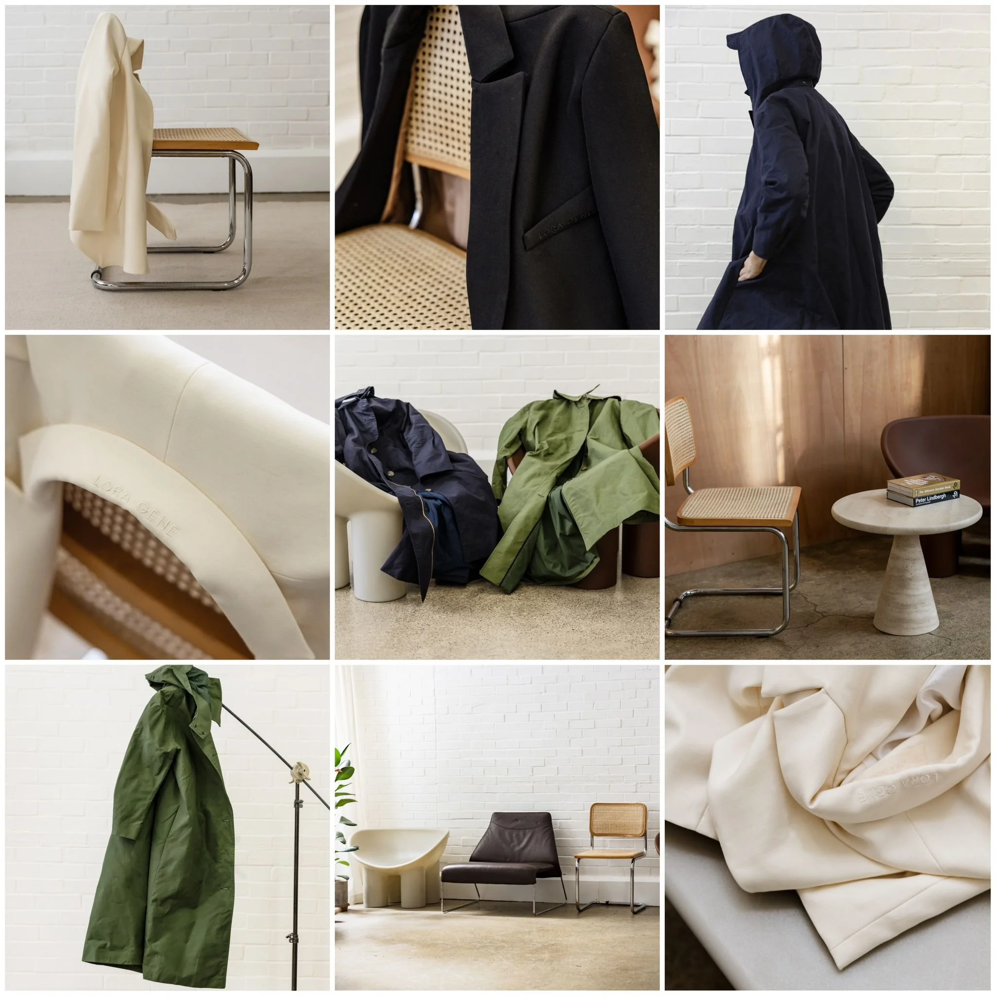 A collage of nine images showing various pieces of clothing and furniture in neutral tones, including coats, chairs, tables, and accessories in a modern, minimalist setting.