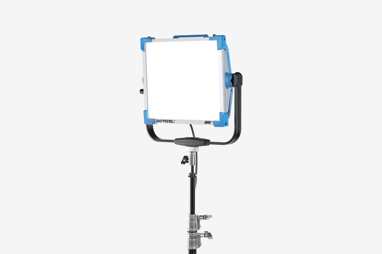 A modern LED desktop light with a square light panel, mounted on a black adjustable stand against a light gray background.