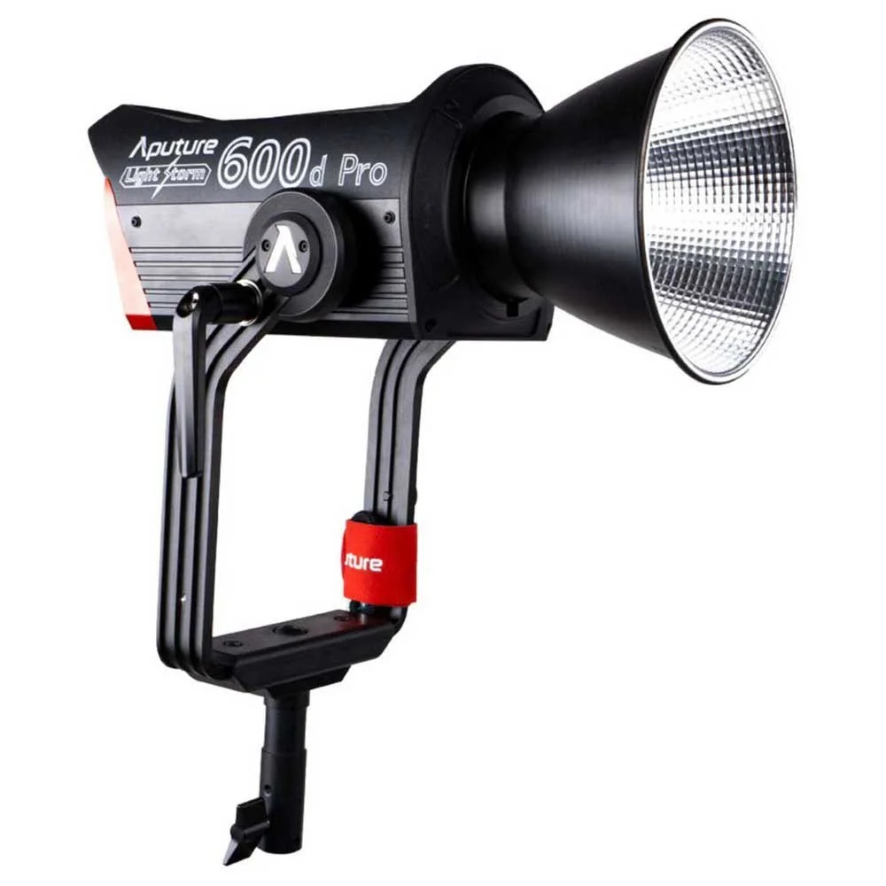 Aure LP600d Pro studio strobe light with a black adjustable stand and reflector. The device is black with a silver and red label, featuring a large lens on the front.