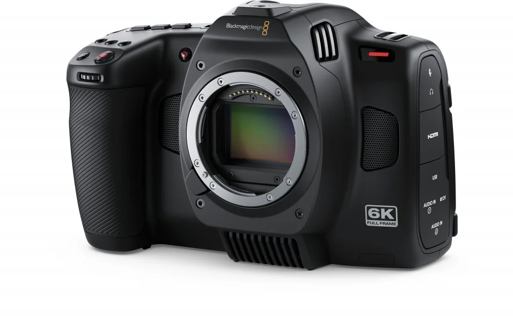 Camera body with a large lens mount, labeled 6K Full Frame, black in color, with various ports and controls on the side.