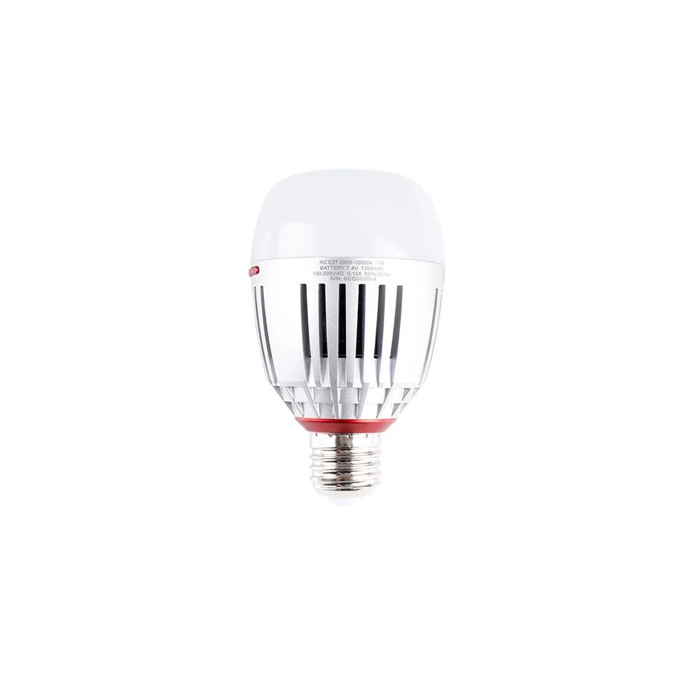 A smart LED light bulb with cooling vents and a white plastic top, designed for smart home lighting.