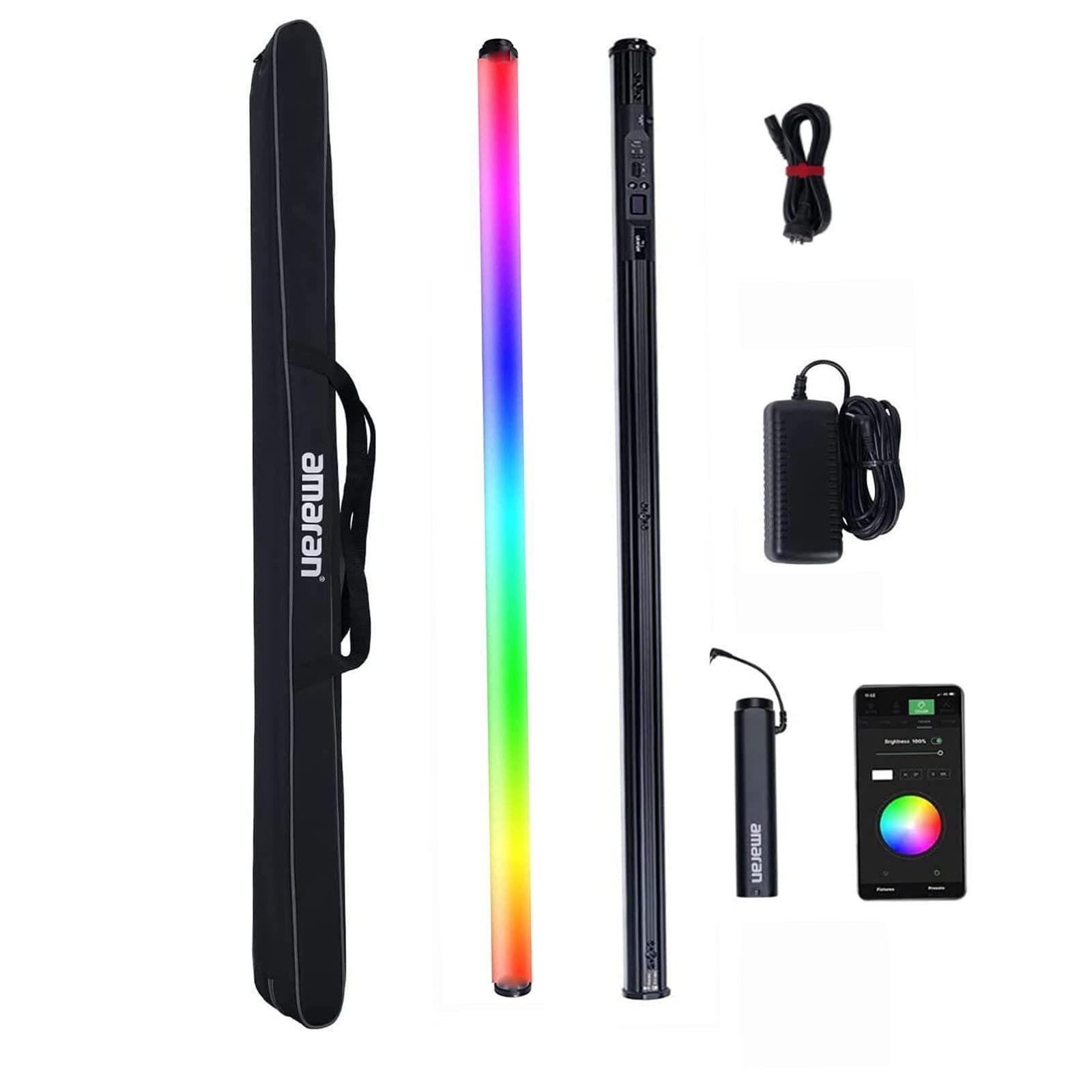 LED light strip, light diffuser, control bar, power adapter, remote control, and smartphone app for LED lighting setup.