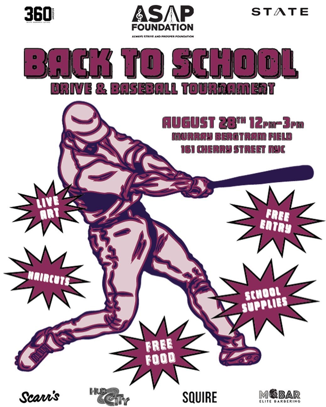 BACK TO SCHOOL!!! 📓📚- Please join us this Sunday August 28th for the 4th Annual &ldquo;Always Strive and Prosper Back to School Drive&rdquo; and Baseball Tournament at the Murray Bergtram Baseball Field under the Manhattan Bridge on 161 Cherry Stre